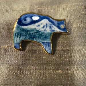 Porcelain bear mountain scene brooch Blue green and Gold Ceramic Art Piece